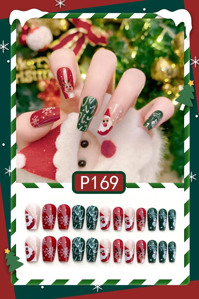 24pc Christmas pattern false nails Cute Short Wearable Santa Claus Christmas tree bells decorations ballet Fake Nails with glue P169