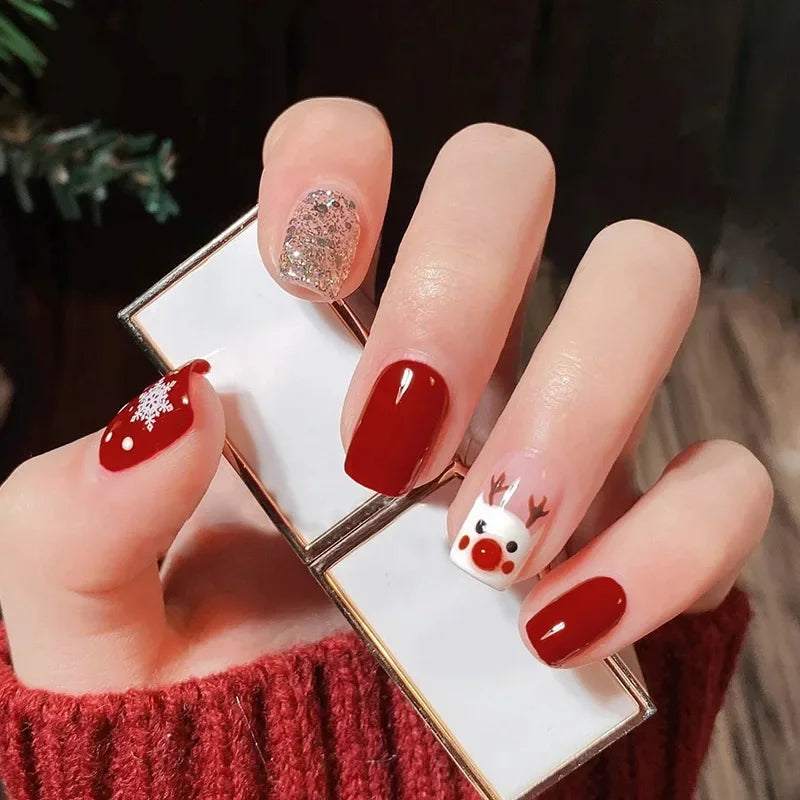 24pc Christmas pattern false nails Cute Short Wearable Santa Claus Christmas tree bells decorations ballet Fake Nails with glue 622