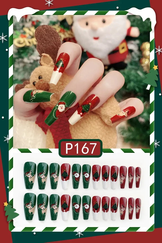24pc Christmas pattern false nails Cute Short Wearable Santa Claus Christmas tree bells decorations ballet Fake Nails with glue P167