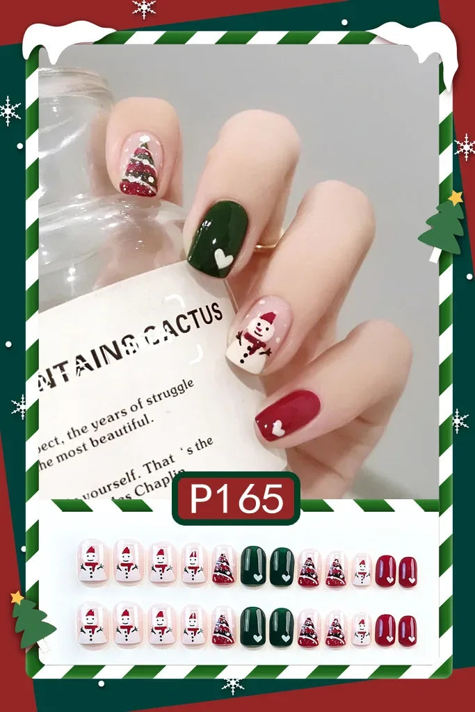 24pc Christmas pattern false nails Cute Short Wearable Santa Claus Christmas tree bells decorations ballet Fake Nails with glue P165