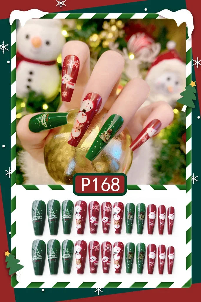 24pc Christmas pattern false nails Cute Short Wearable Santa Claus Christmas tree bells decorations ballet Fake Nails with glue P168