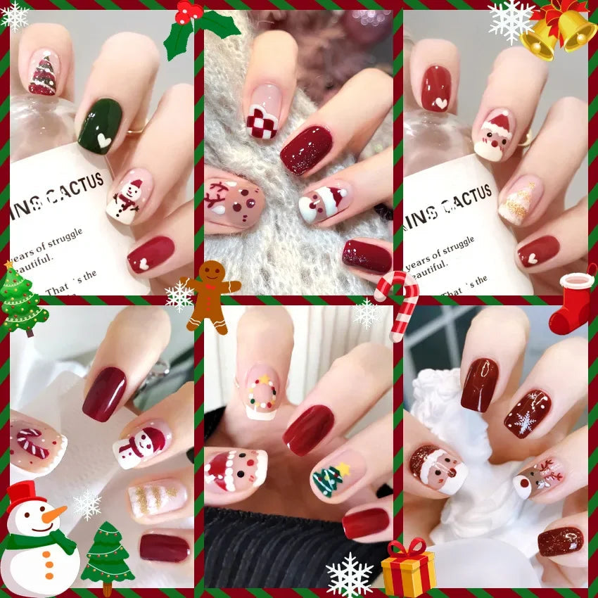 24pc Christmas pattern false nails Cute Short Wearable Santa Claus Christmas tree bells decorations ballet Fake Nails with glue