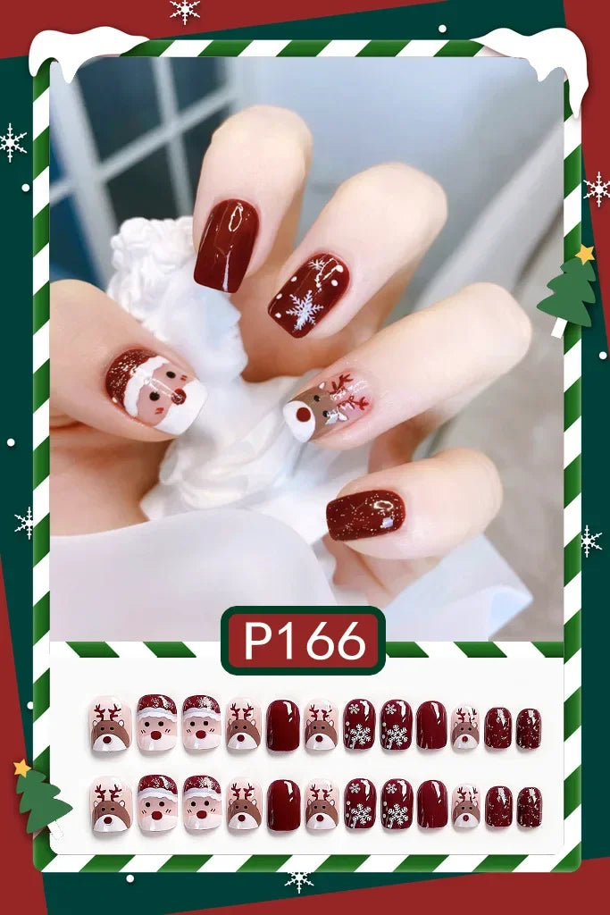24pc Christmas pattern false nails Cute Short Wearable Santa Claus Christmas tree bells decorations ballet Fake Nails with glue P166