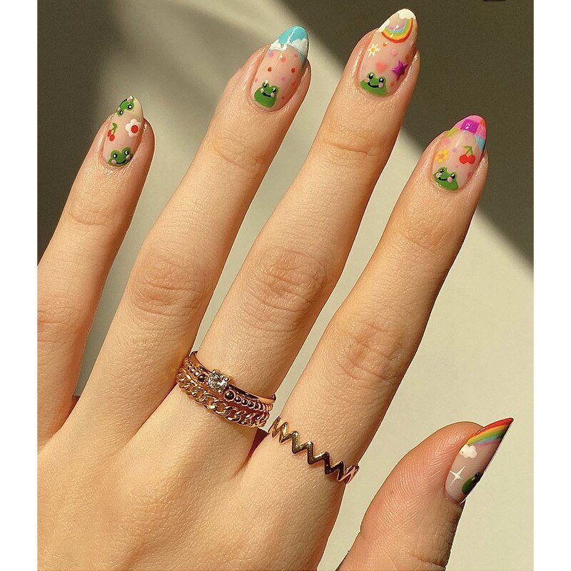 24pc Wearable Almond false nails with colorful rainbow design French ballet press on nails short artificial fake nails with glue U-206