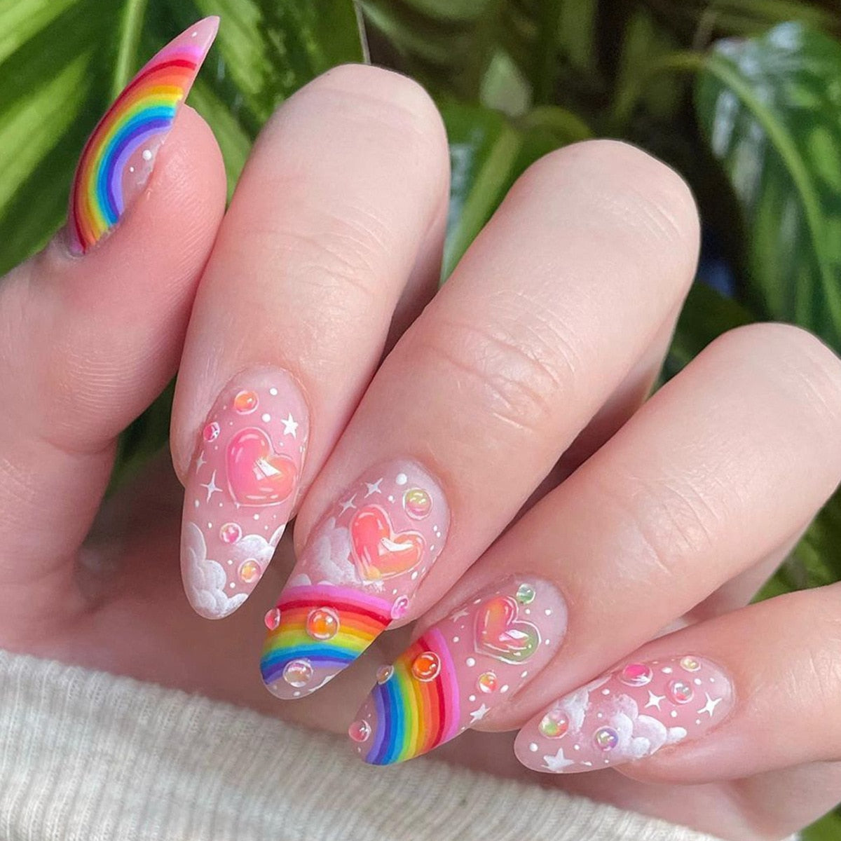 24pc Wearable Almond false nails with colorful rainbow design French ballet press on nails short artificial fake nails with glue SN008