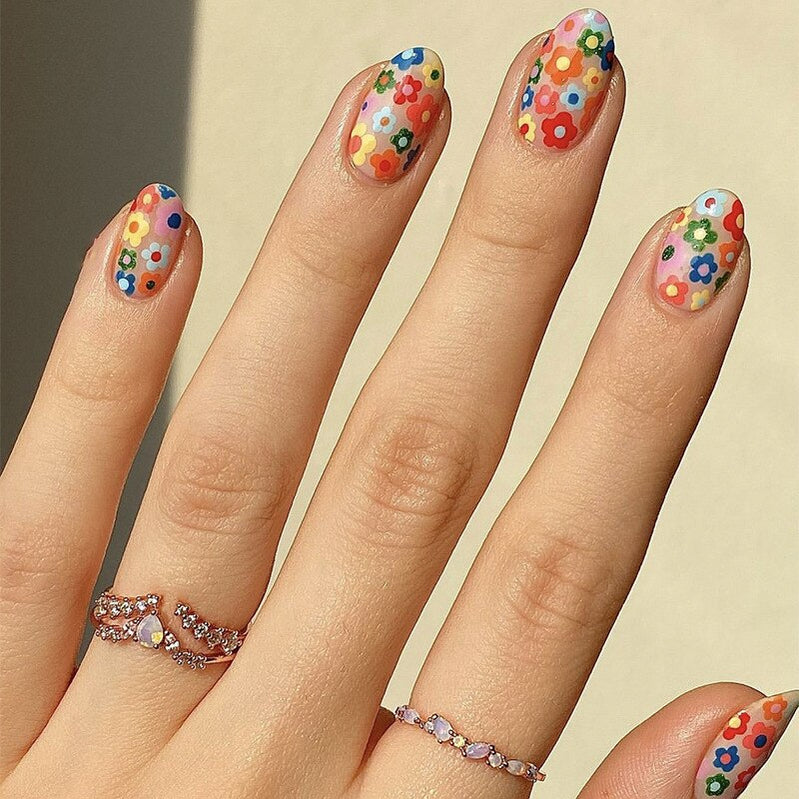 24pc Wearable Almond false nails with colorful rainbow design French ballet press on nails short artificial fake nails with glue U-213