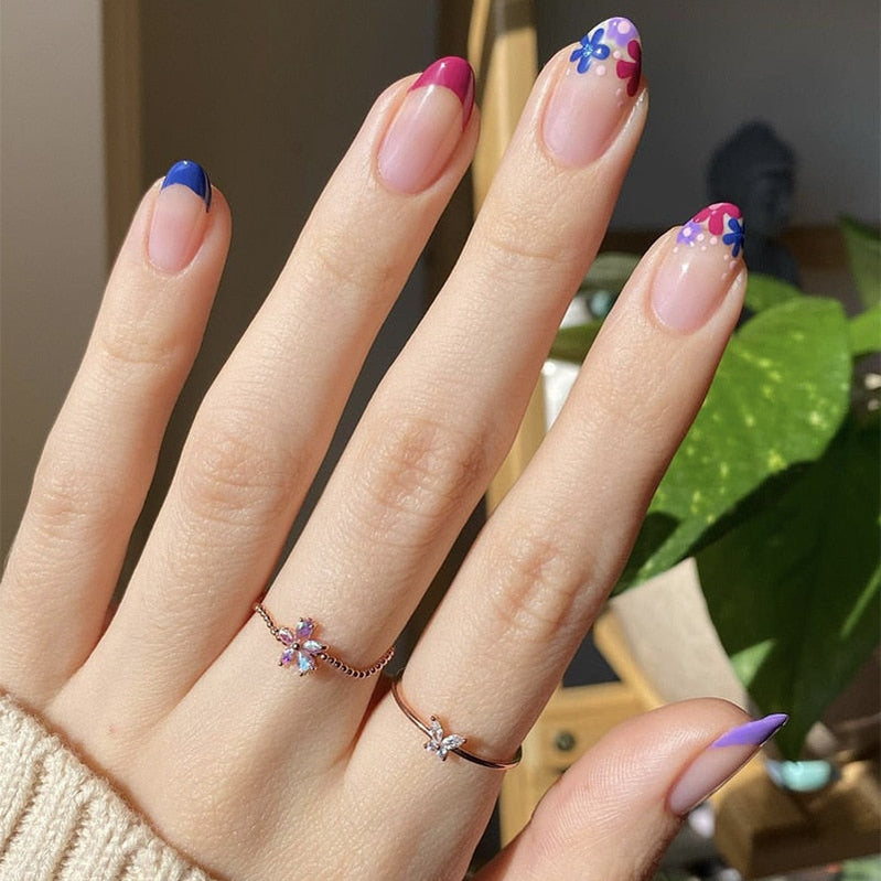 24pc Wearable Almond false nails with colorful rainbow design French ballet press on nails short artificial fake nails with glue U-214