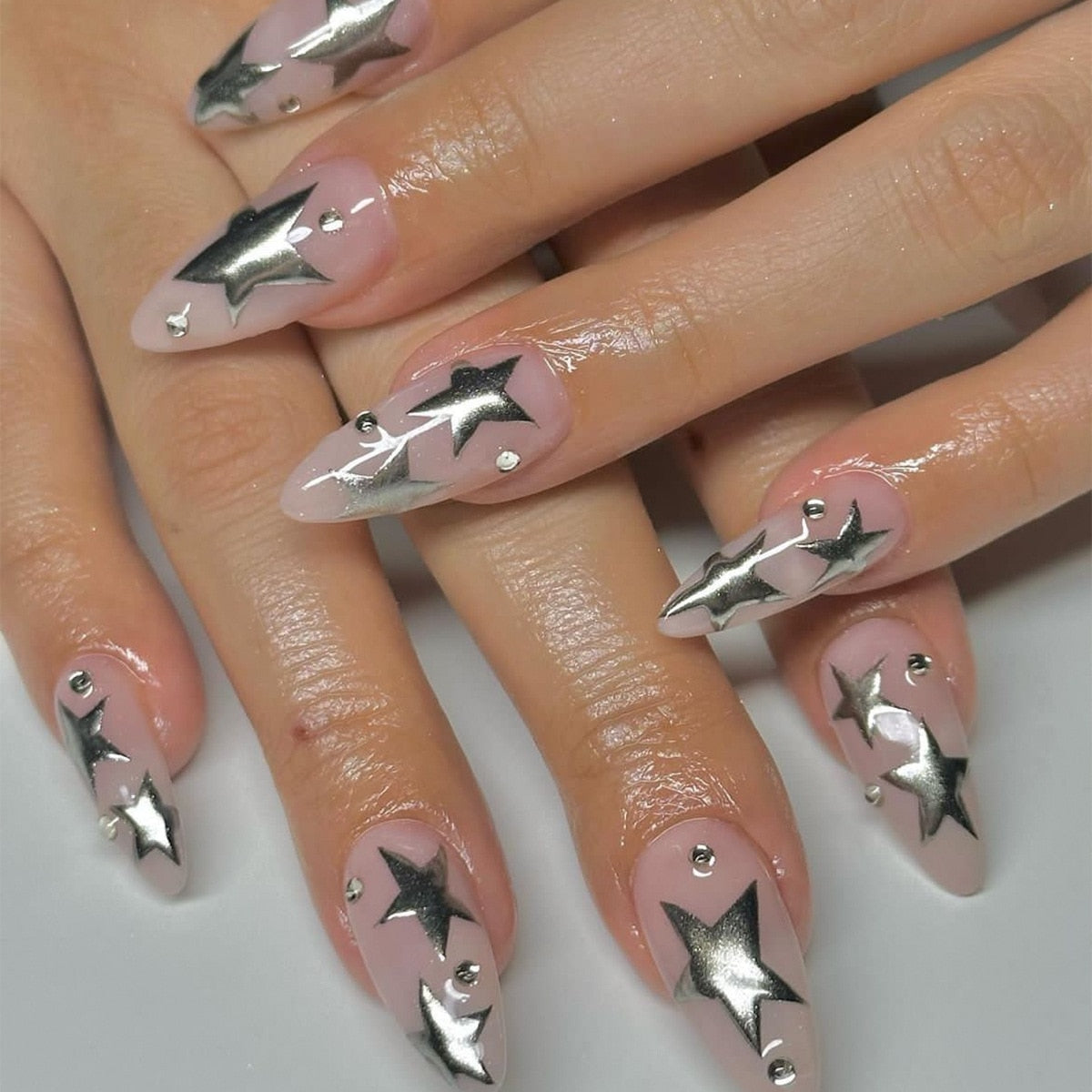 24pc detachable long Stiletto fake nails with Glitter designs french false nails with glue artificial press on nails almond long XY-39-71