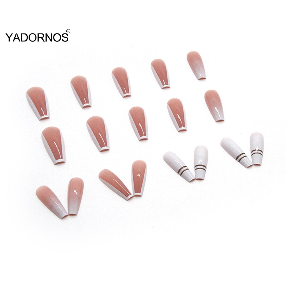 24pcs Ballerina Fake Nail DIY Gradient Pink and White Color French Full Cover Stick on Nail Patch Long Coffin False Nail Tips