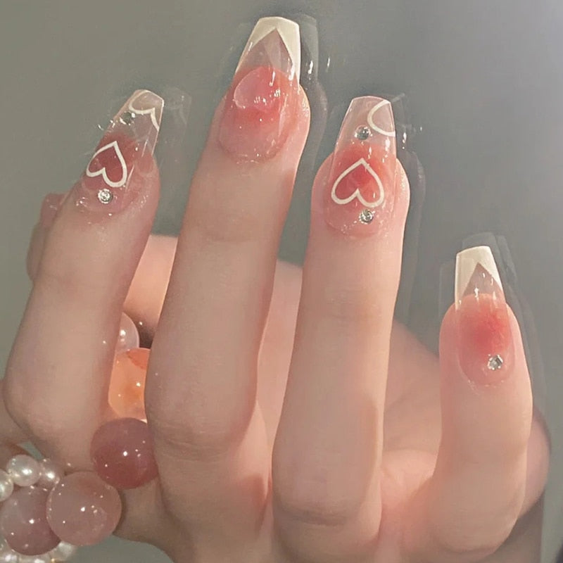 24pcs Ballet False Nail Full Cover Fake Nail Butterfly Love Nails Tip French Coffin Nails Press on Nails DZ081