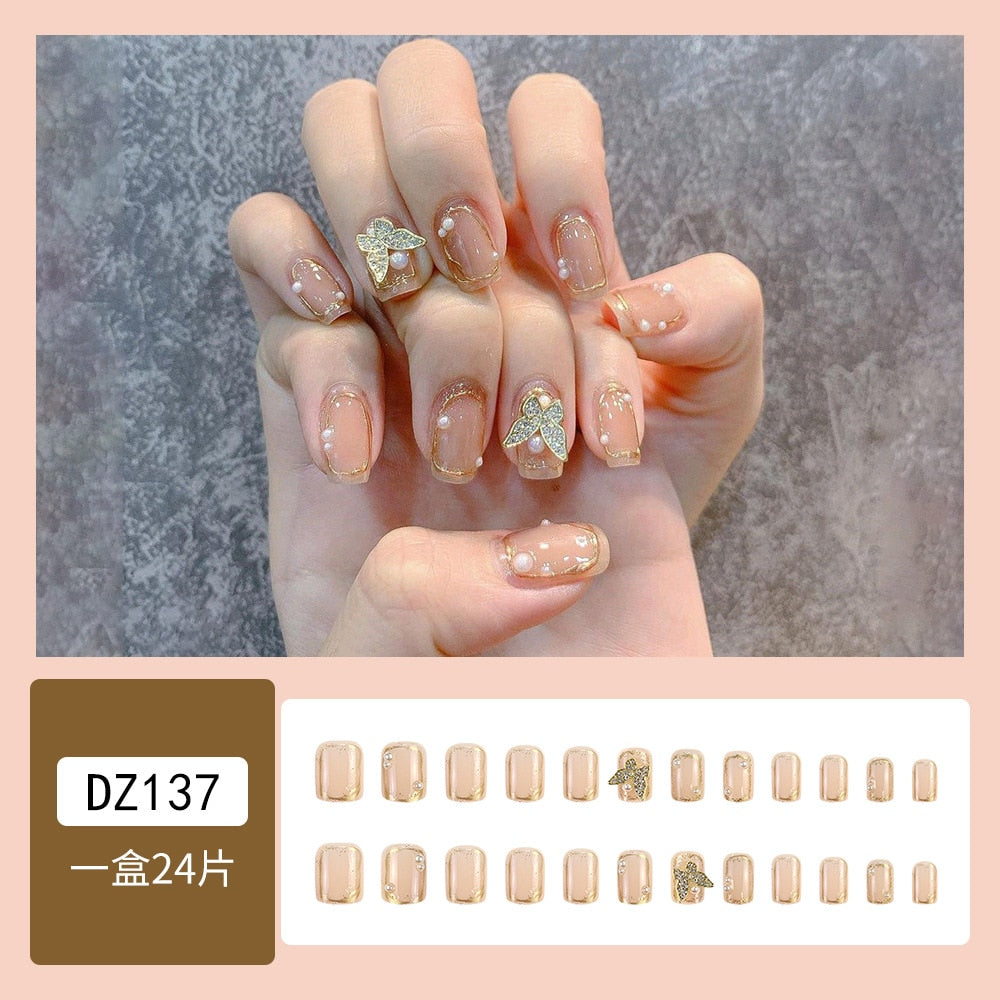 24pcs Ballet False Nail Full Cover Fake Nail Butterfly Love Nails Tip French Coffin Nails Press on Nails DZ137