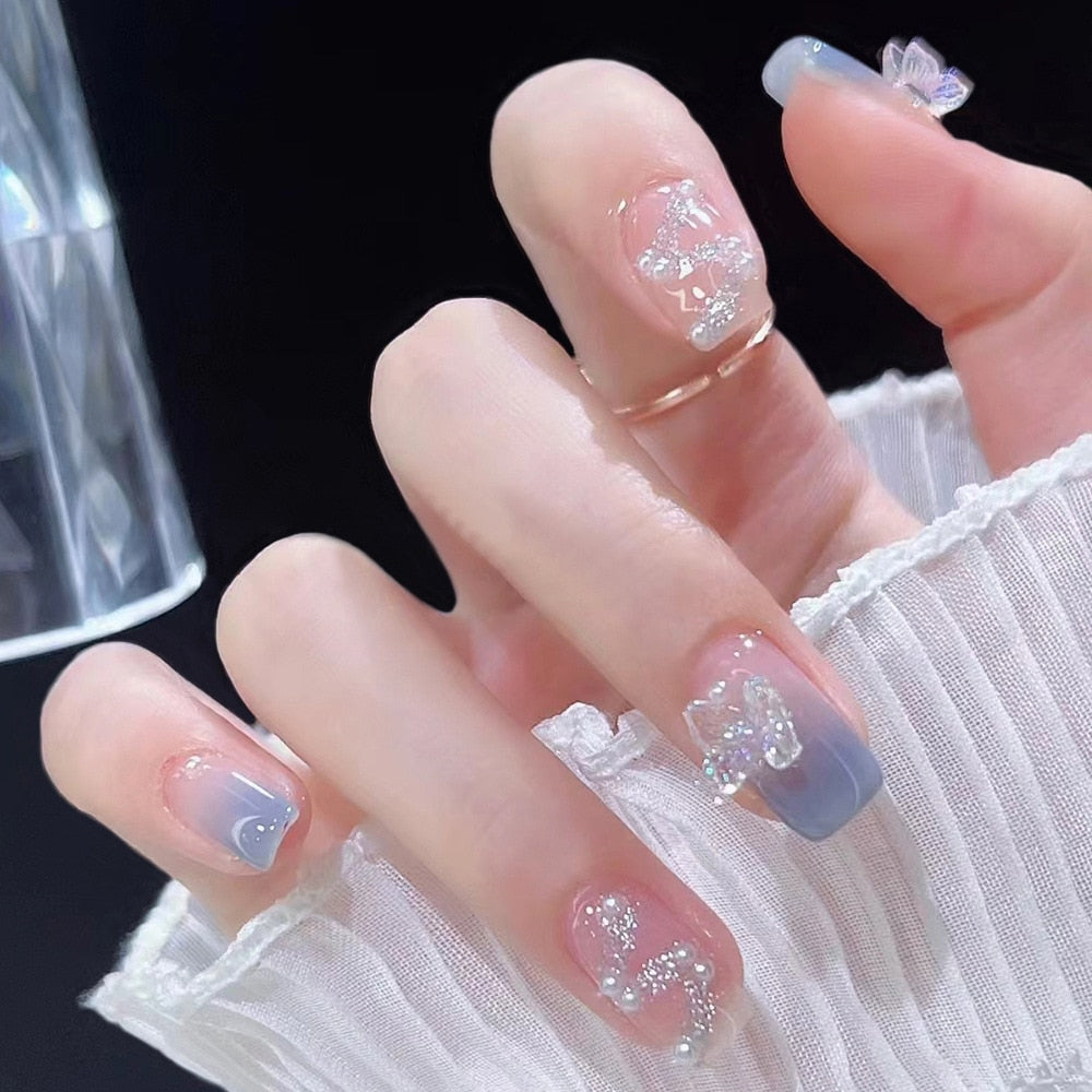 24pcs Ballet False Nail Full Cover Fake Nail Butterfly Love Nails Tip French Coffin Nails Press on Nails DZ090