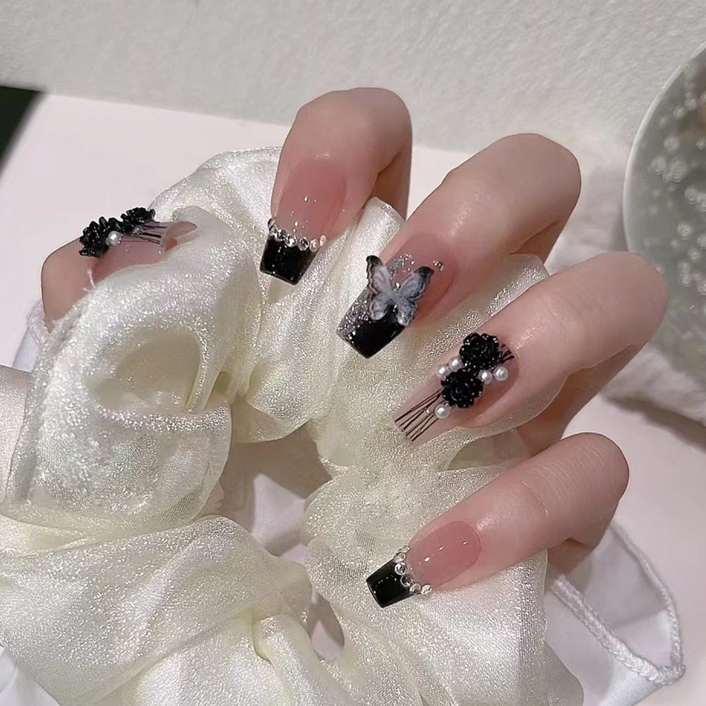 24pcs Ballet False Nail Full Cover Fake Nail Butterfly Love Nails Tip French Coffin Nails Press on Nails DZ107