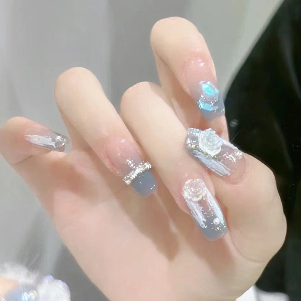 24pcs Ballet False Nail Full Cover Fake Nail Butterfly Love Nails Tip French Coffin Nails Press on Nails