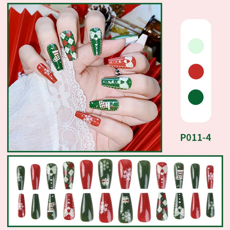 24pcs Christmas False Nail Long Ballet Nail Extension Full Cover Manicure Snowman Wearable Press On Fake Nails Women Nail Decor B1