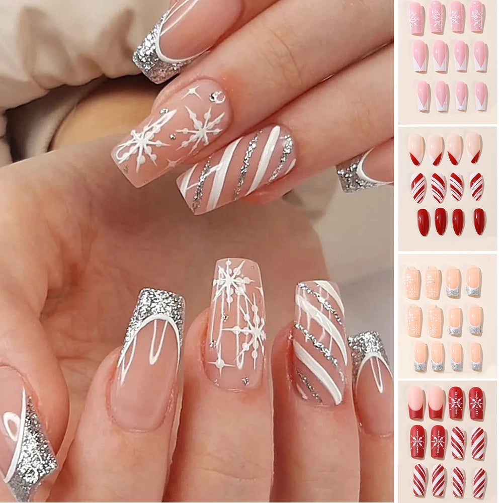 24pcs Christmas False Nail Long Ballet Nail Extension Full Cover Manicure Snowman Wearable Press On Fake Nails Women Nail Decor