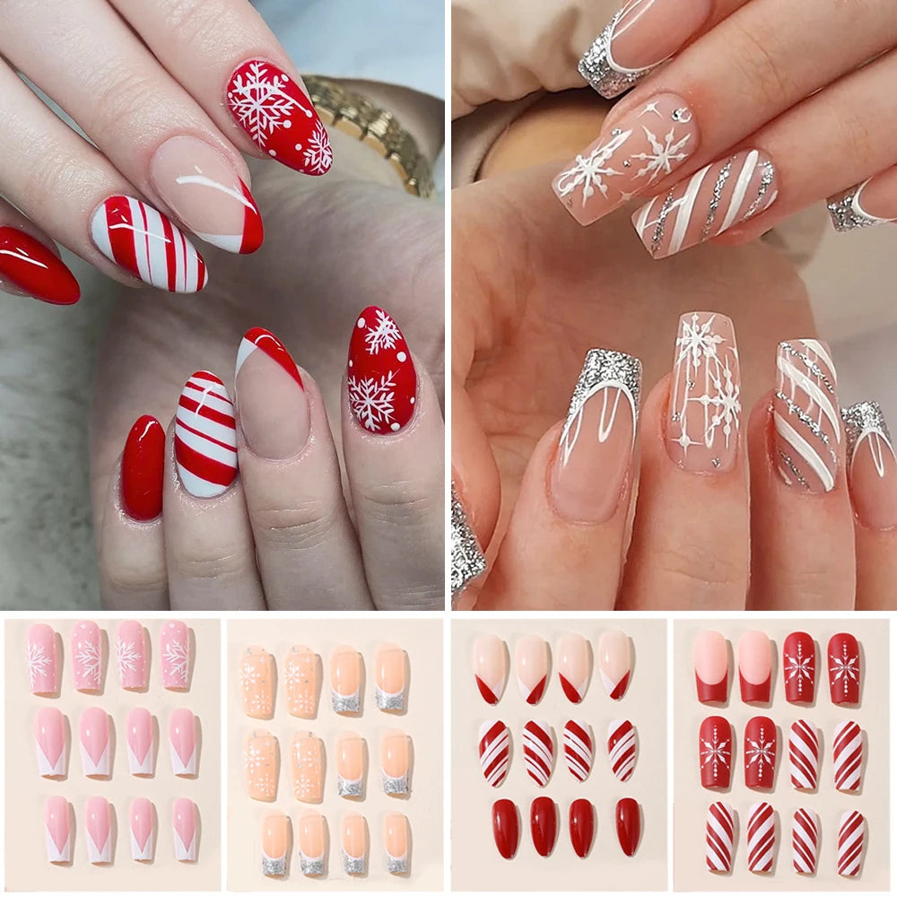 24pcs Christmas False Nail Long Ballet Nail Extension Full Cover Manicure Snowman Wearable Press On Fake Nails Women Nail Decor
