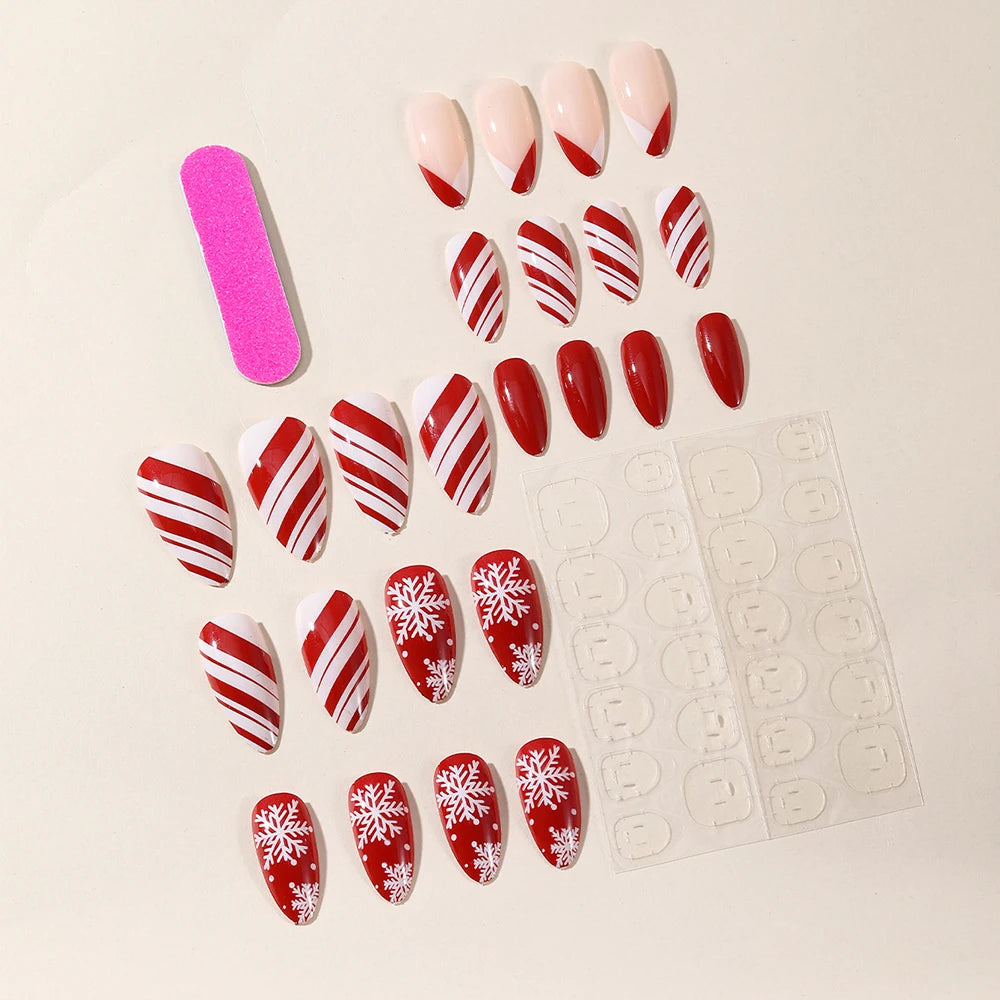 24pcs Christmas False Nail Long Ballet Nail Extension Full Cover Manicure Snowman Wearable Press On Fake Nails Women Nail Decor