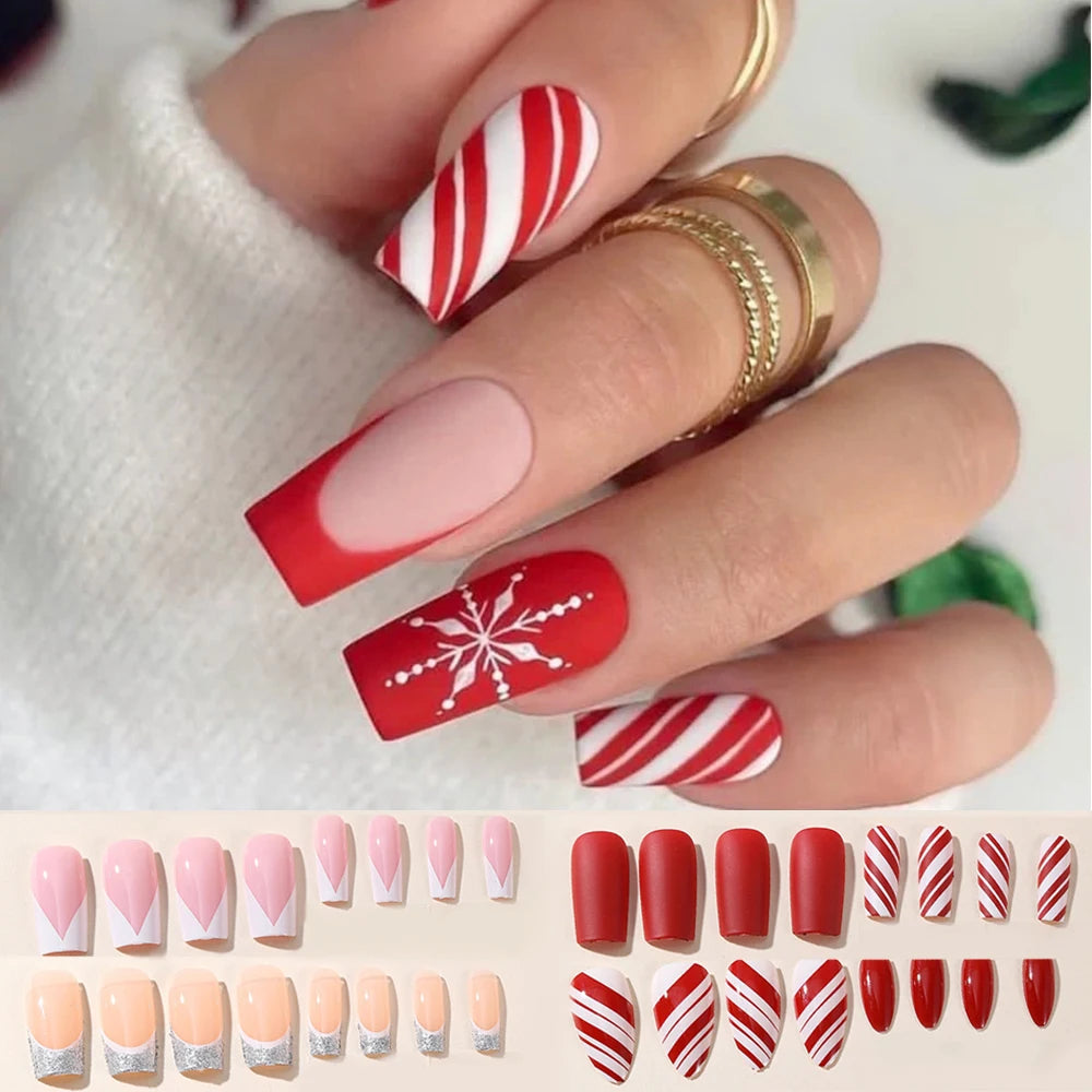 24pcs Christmas False Nail Long Ballet Nail Extension Full Cover Manicure Snowman Wearable Press On Fake Nails Women Nail Decor