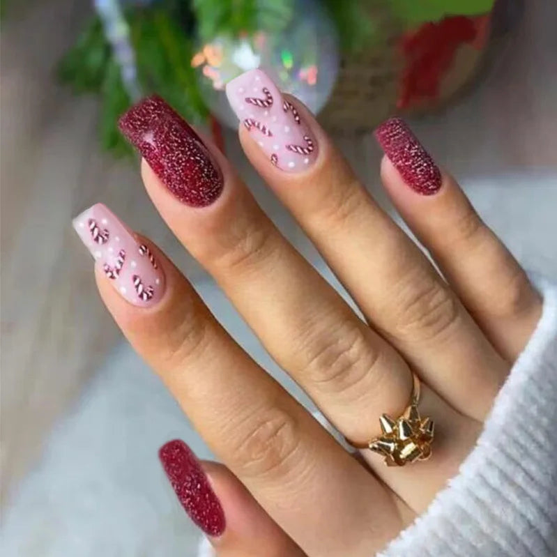 24pcs Christmas Red Fake Nail Patch Snowflake Xmas Ball Fake Nail Christmas Decorations Artificial Nails for Girl Gifts 18