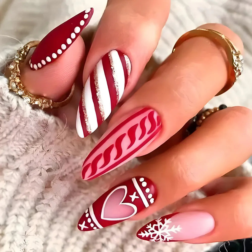 24pcs Christmas Red Fake Nail Patch Snowflake Xmas Ball Fake Nail Christmas Decorations Artificial Nails for Girl Gifts 4