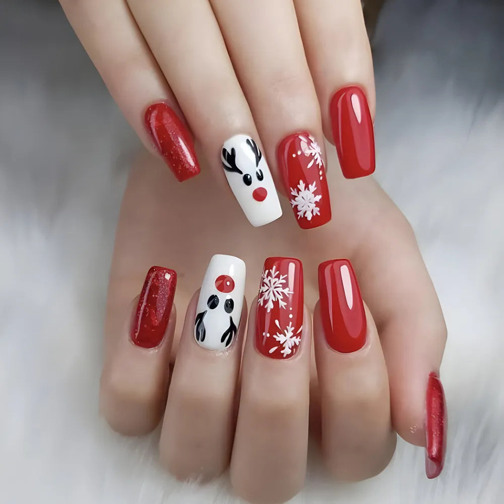 24pcs Christmas Red Fake Nail Patch Snowflake Xmas Ball Fake Nail Christmas Decorations Artificial Nails for Girl Gifts 11