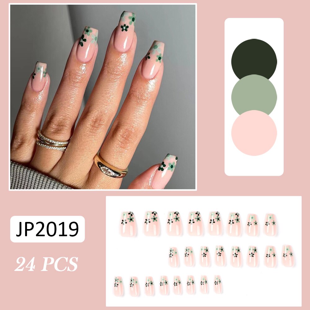 24pcs Coffin False Nails Glitter Rainbow Flowers Press on Nail Patch Short Manicure Nail Tips False Nail Acrylic Patch wholesale Spain J7