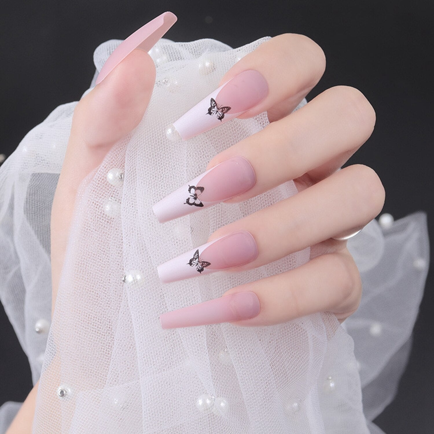 24pcs Detachable Coffin False Nails Chestnut Brown Leopard Butterfly Full Cover Fake Nails DIY Glue Press On Nails Nail Supplies