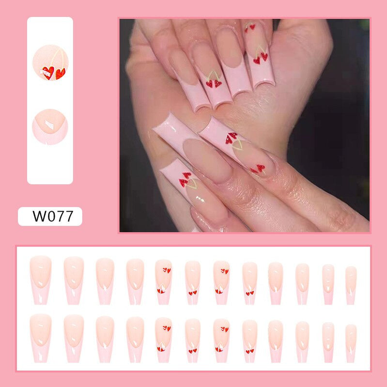 24pcs Douyin 2023 Nail Press on Long Ballet False Nails Extension Tip Reusable Adhesive Y2k Pink Black Sweet Cool Style Manicure W077 Love Cherry Glu