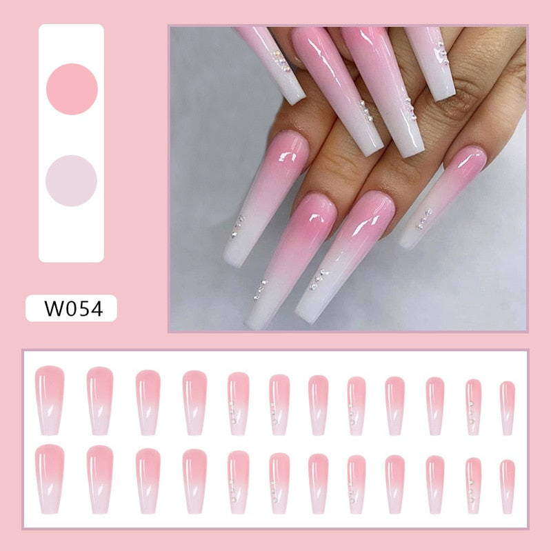 24pcs Douyin 2023 Nail Press on Long Ballet False Nails Extension Tip Reusable Adhesive Y2k Pink Black Sweet Cool Style Manicure W054 Pearl Gradient