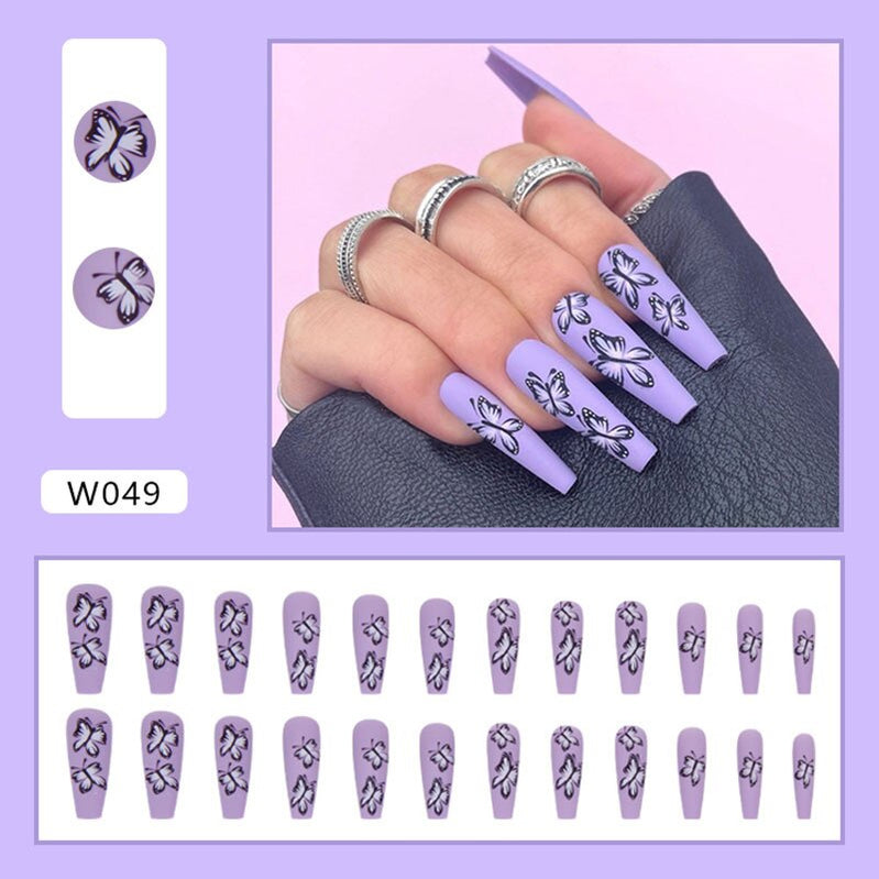 24pcs Douyin 2023 Nail Press on Long Ballet False Nails Extension Tip Reusable Adhesive Y2k Pink Black Sweet Cool Style Manicure W049 Purple Butterfl