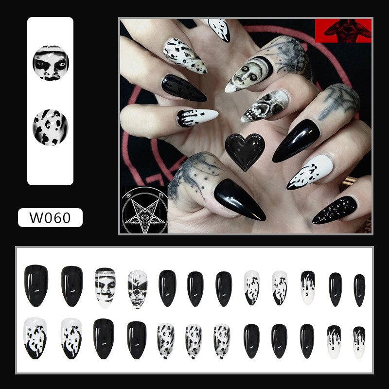 24pcs Douyin 2023 Nail Press on Long Ballet False Nails Extension Tip Reusable Adhesive Y2k Pink Black Sweet Cool Style Manicure W060 Ink Skull Glue