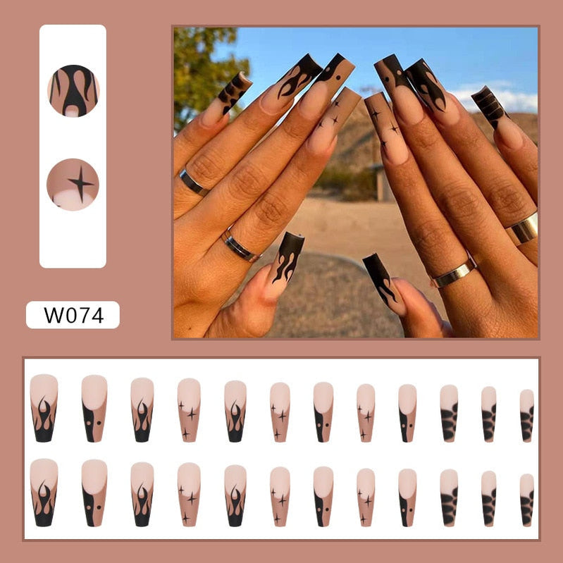 24pcs Douyin 2023 Nail Press on Long Ballet False Nails Extension Tip Reusable Adhesive Y2k Pink Black Sweet Cool Style Manicure W074 Flame Leopard P