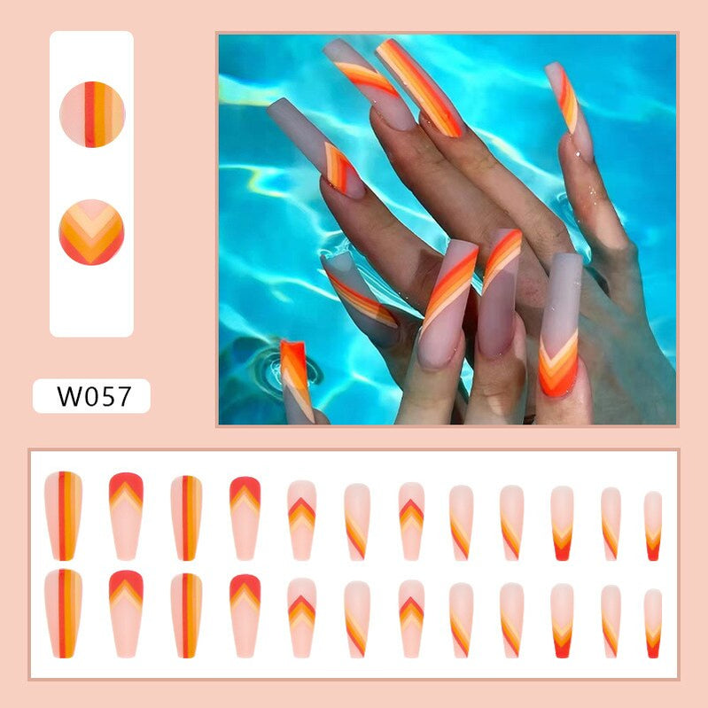 24pcs Douyin 2023 Nail Press on Long Ballet False Nails Extension Tip Reusable Adhesive Y2k Pink Black Sweet Cool Style Manicure W057 Red Lines Glue