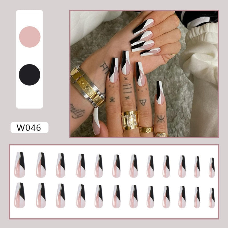 24pcs Douyin 2023 Nail Press on Long Ballet False Nails Extension Tip Reusable Adhesive Y2k Pink Black Sweet Cool Style Manicure W046 Black and White