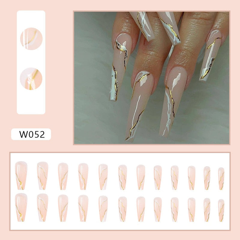 24pcs Douyin 2023 Nail Press on Long Ballet False Nails Extension Tip Reusable Adhesive Y2k Pink Black Sweet Cool Style Manicure W052 Marble Powder G