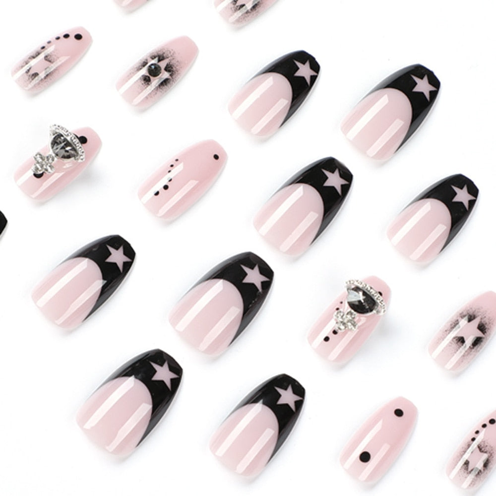 24pcs Fake Nails Press on Nails Y2k Korean False Nails Set Rhinestone Wearable Artificial Nails Reusable Long Coffin French Tips