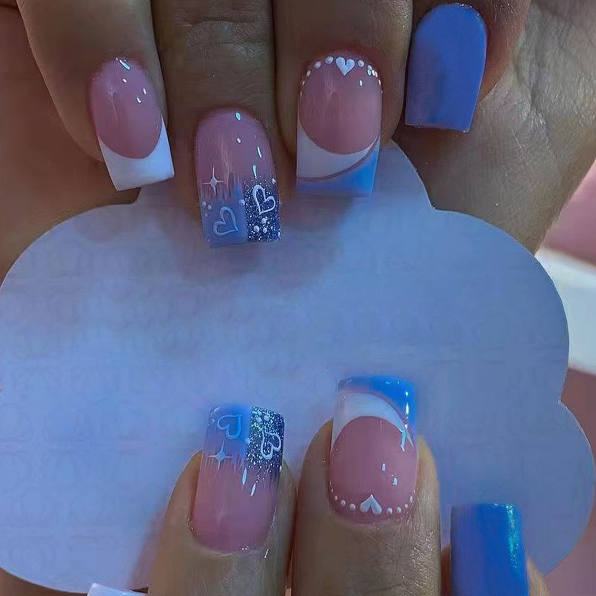 24pcs False Nail Full Cover Fake Nail Elegant Pink Gradient Glitter French Short Nails Coffin Short False Nail Press On Nails A8