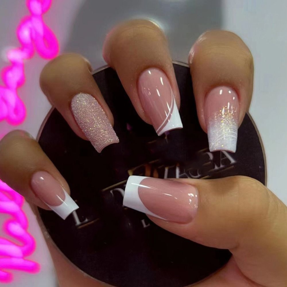 24pcs False Nail Full Cover Fake Nail Elegant Pink Gradient Glitter French Short Nails Coffin Short False Nail Press On Nails B5