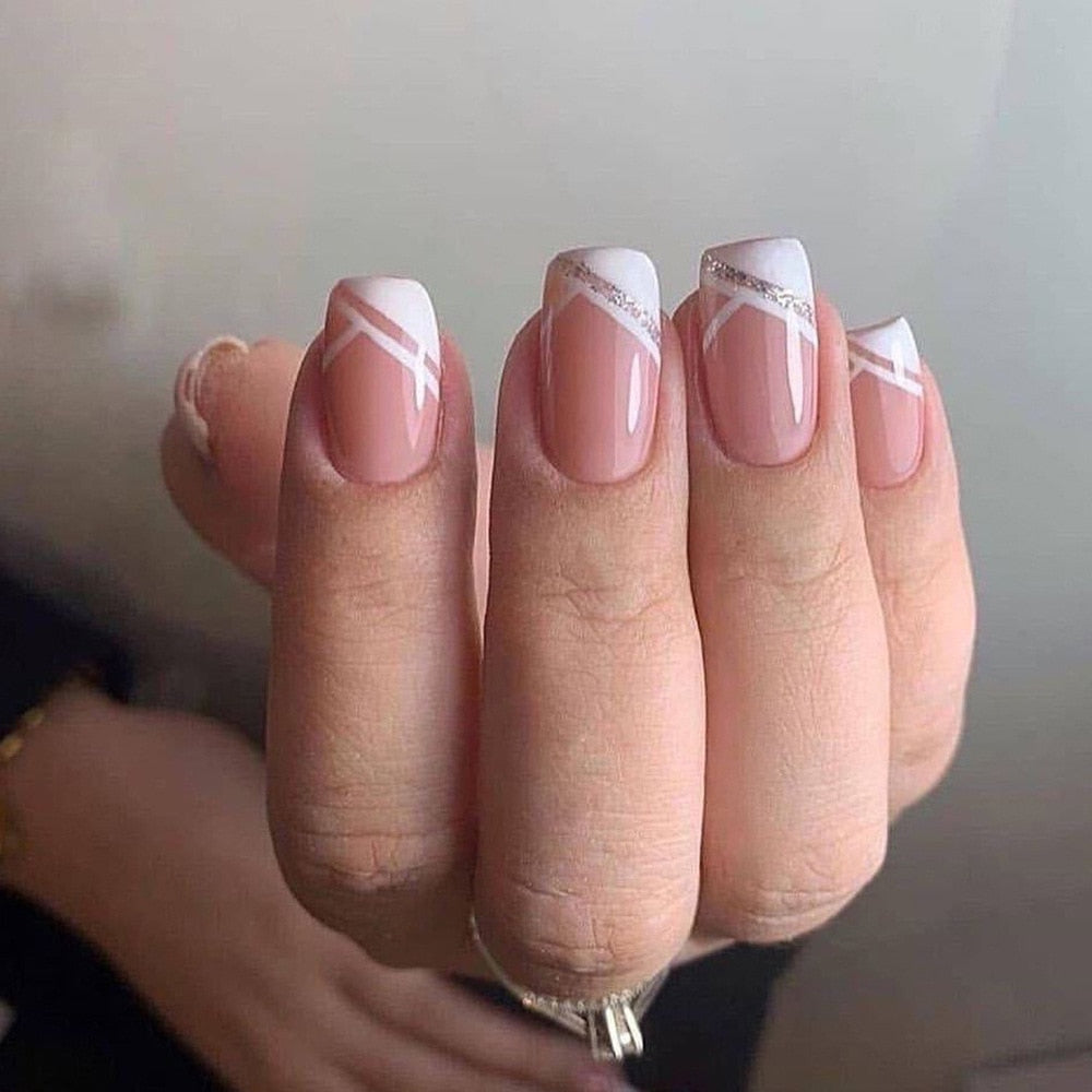 24pcs False Nail Full Cover Fake Nail Elegant Pink Gradient Glitter French Short Nails Coffin Short False Nail Press On Nails C7