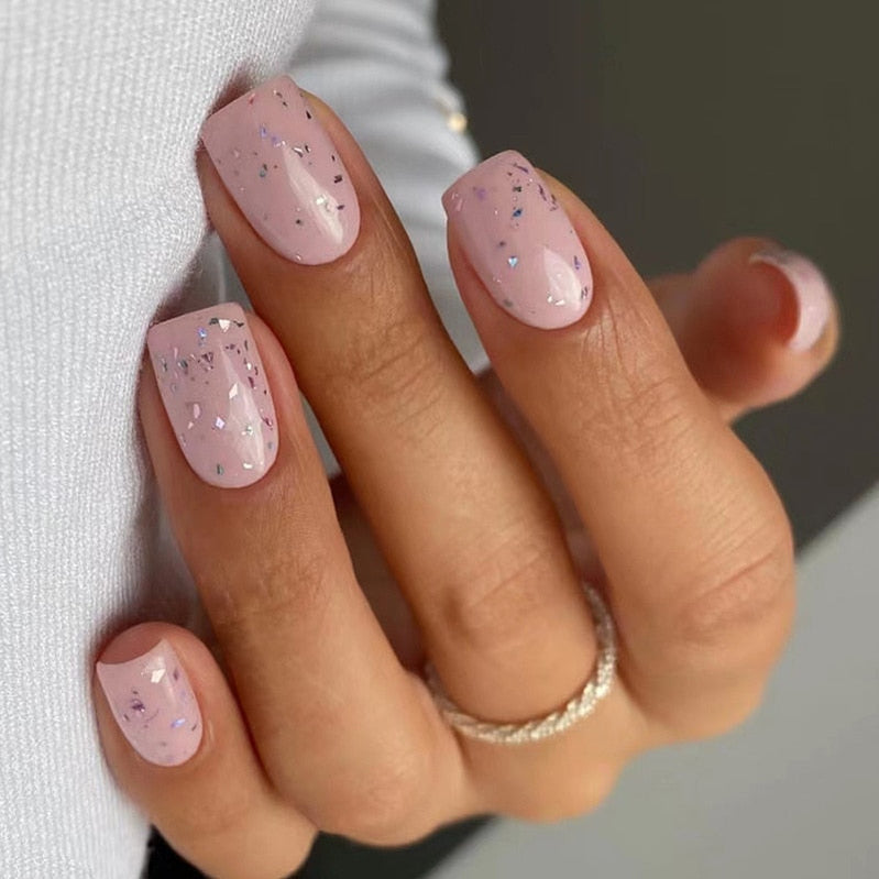 24pcs False Nail Full Cover Fake Nail Elegant Pink Gradient Glitter French Short Nails Coffin Short False Nail Press On Nails AA4