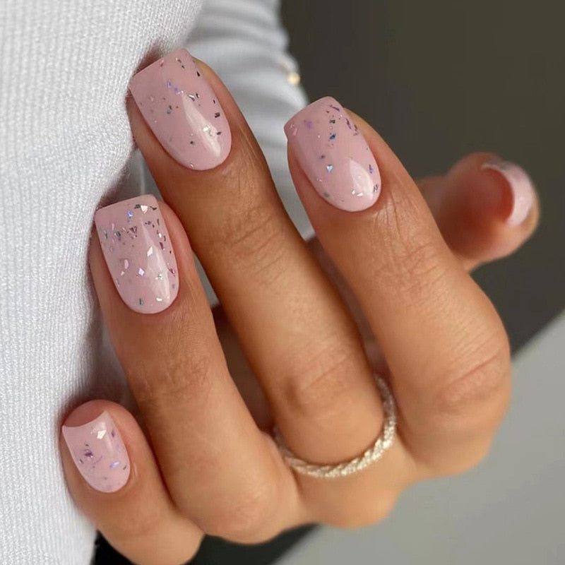 24pcs False Nail Full Cover Fake Nail Elegant Pink Gradient Glitter French Short Nails Coffin Short False Nail Press On Nails AA4