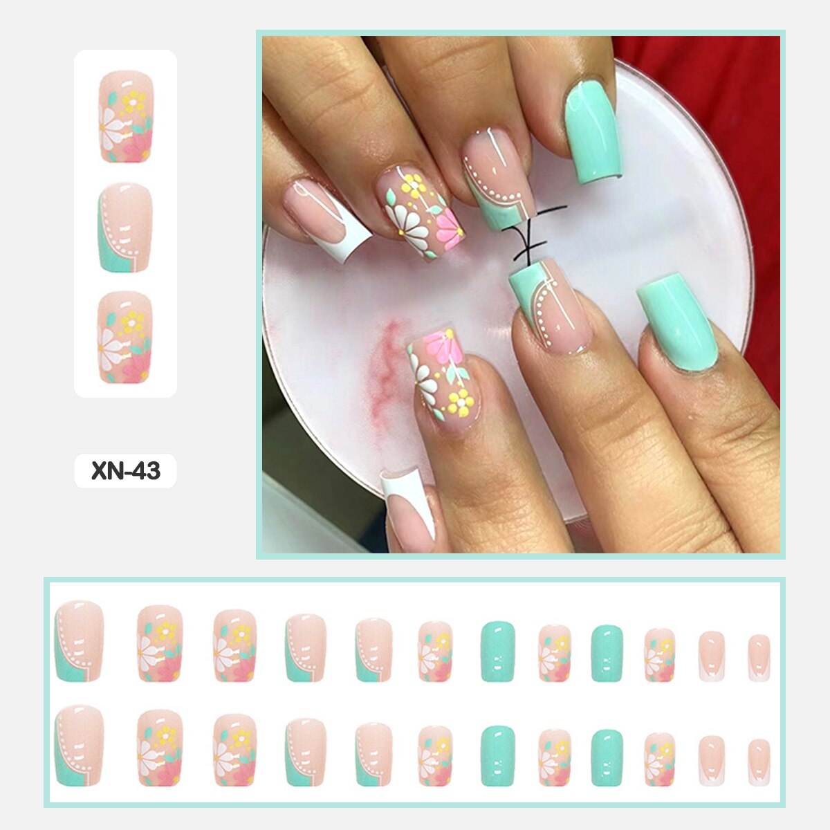 24pcs Girlish Colorful Graffiti Nail Art Fake Nails With Glue Pink Purple Short Press on False Nails With Wearing Tools XN-43