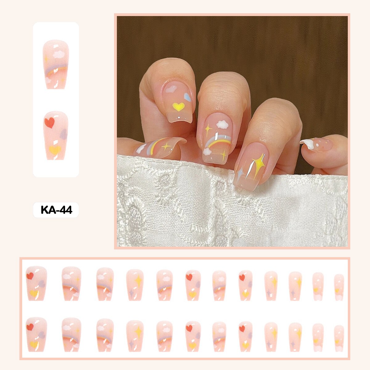 24pcs Girlish Colorful Graffiti Nail Art Fake Nails With Glue Pink Purple Short Press on False Nails With Wearing Tools KA-44