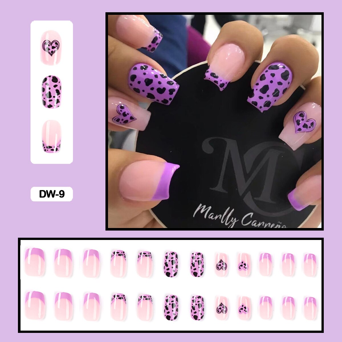 24pcs Girlish Colorful Graffiti Nail Art Fake Nails With Glue Pink Purple Short Press on False Nails With Wearing Tools DW-9