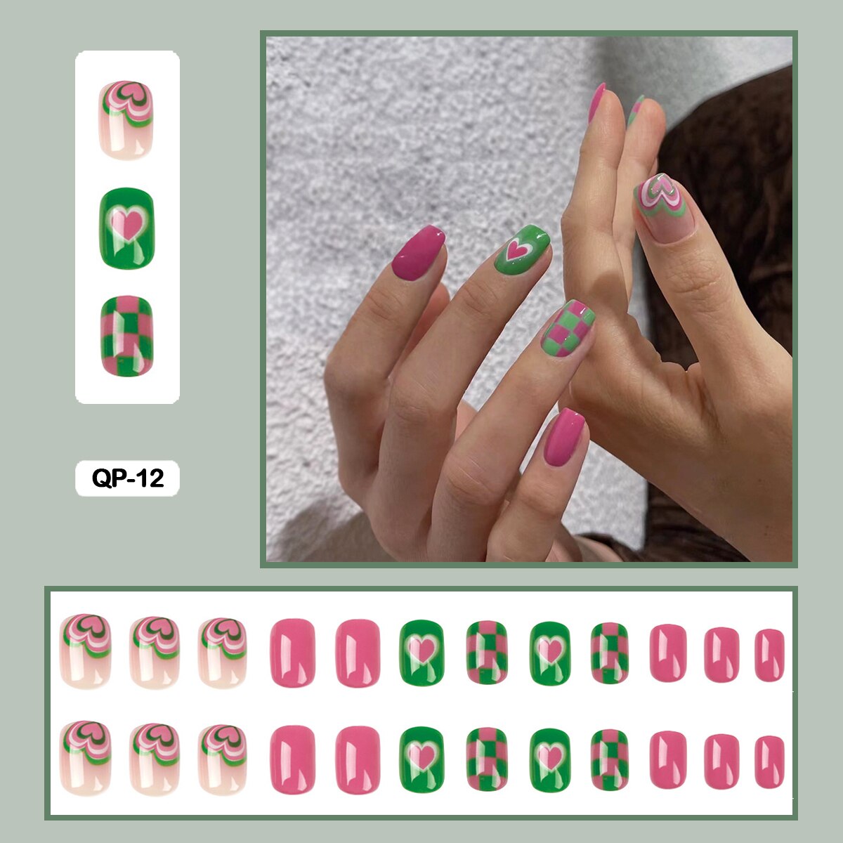 24pcs Girlish Colorful Graffiti Nail Art Fake Nails With Glue Pink Purple Short Press on False Nails With Wearing Tools QP-12