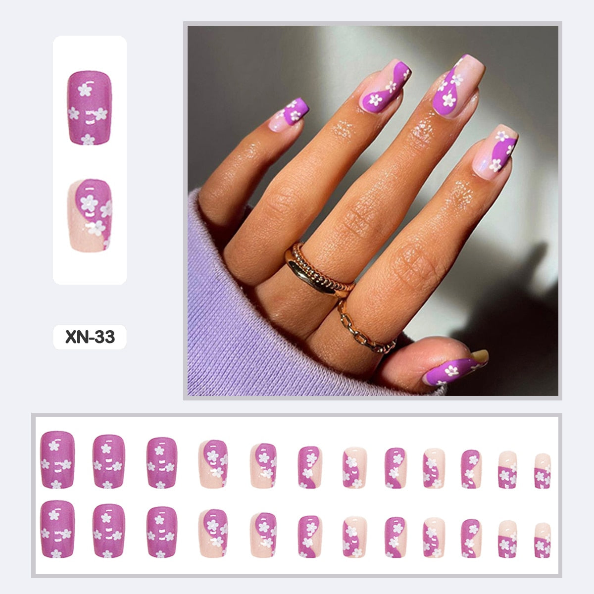 24pcs Girlish Colorful Graffiti Nail Art Fake Nails With Glue Pink Purple Short Press on False Nails With Wearing Tools XN-33