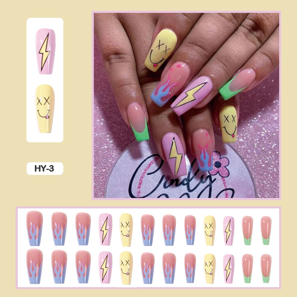 24pcs Girlish Colorful Graffiti Nail Art Fake Nails With Glue Pink Purple Short Press on False Nails With Wearing Tools HY-3