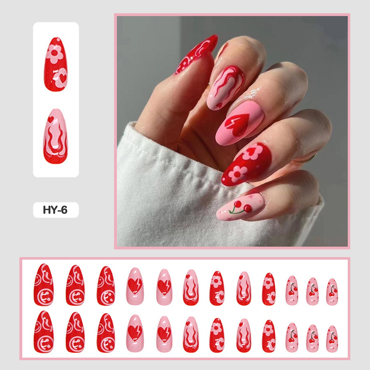 24pcs Girlish Colorful Graffiti Nail Art Fake Nails With Glue Pink Purple Short Press on False Nails With Wearing Tools HY-6