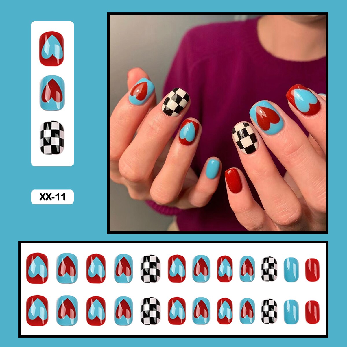 24pcs Girlish Colorful Graffiti Nail Art Fake Nails With Glue Pink Purple Short Press on False Nails With Wearing Tools XX-11